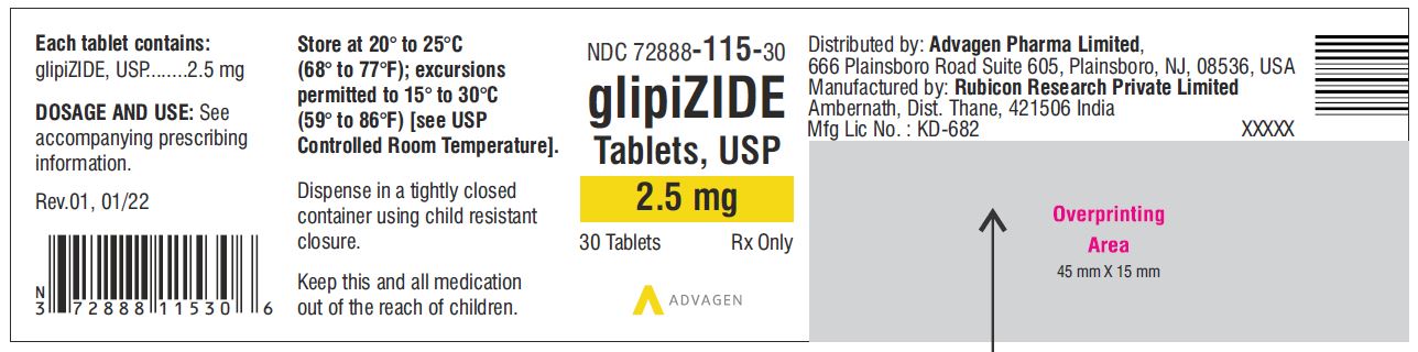 Glipizide Tablets 2.5mg - NDC: <a href=/NDC/72888-115-30>72888-115-30</a> - 30 Tablets Label