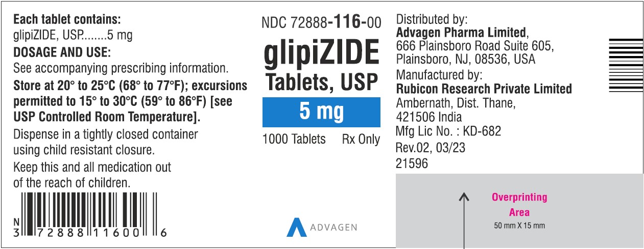 Glipizide Tablets 5mg NDC: <a href=/NDC/72888-116-00>72888-116-00</a> - 1000 Tablets Label