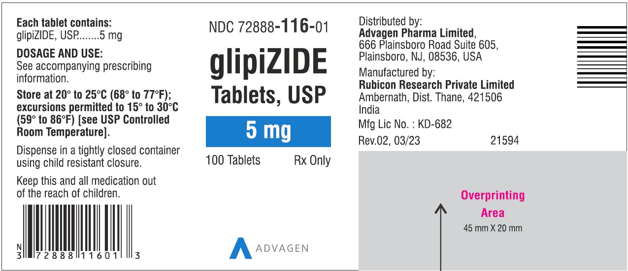 Glipizide Tablets 5mg NDC: <a href=/NDC/72888-116-01>72888-116-01</a> - 100 Tablets Label