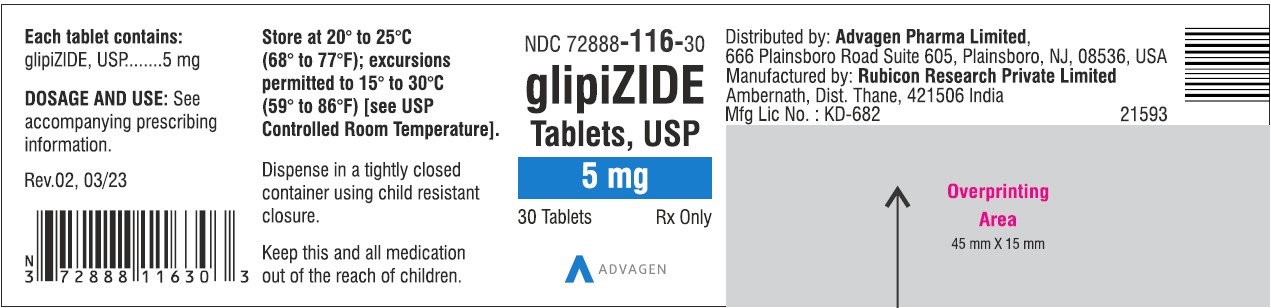 Glipizide Tablets 5mg - NDC: <a href=/NDC/72888-116-30>72888-116-30</a> - 30 Tablets Label