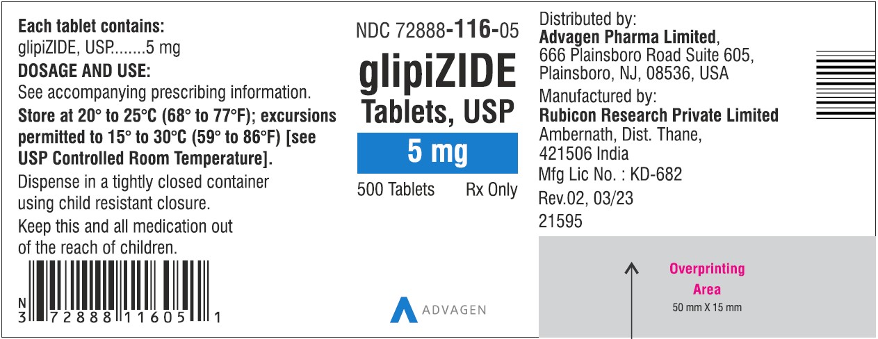 Glipizide Tablets 5mg NDC: <a href=/NDC/72888-116-05>72888-116-05</a> - 500 Tablets Label