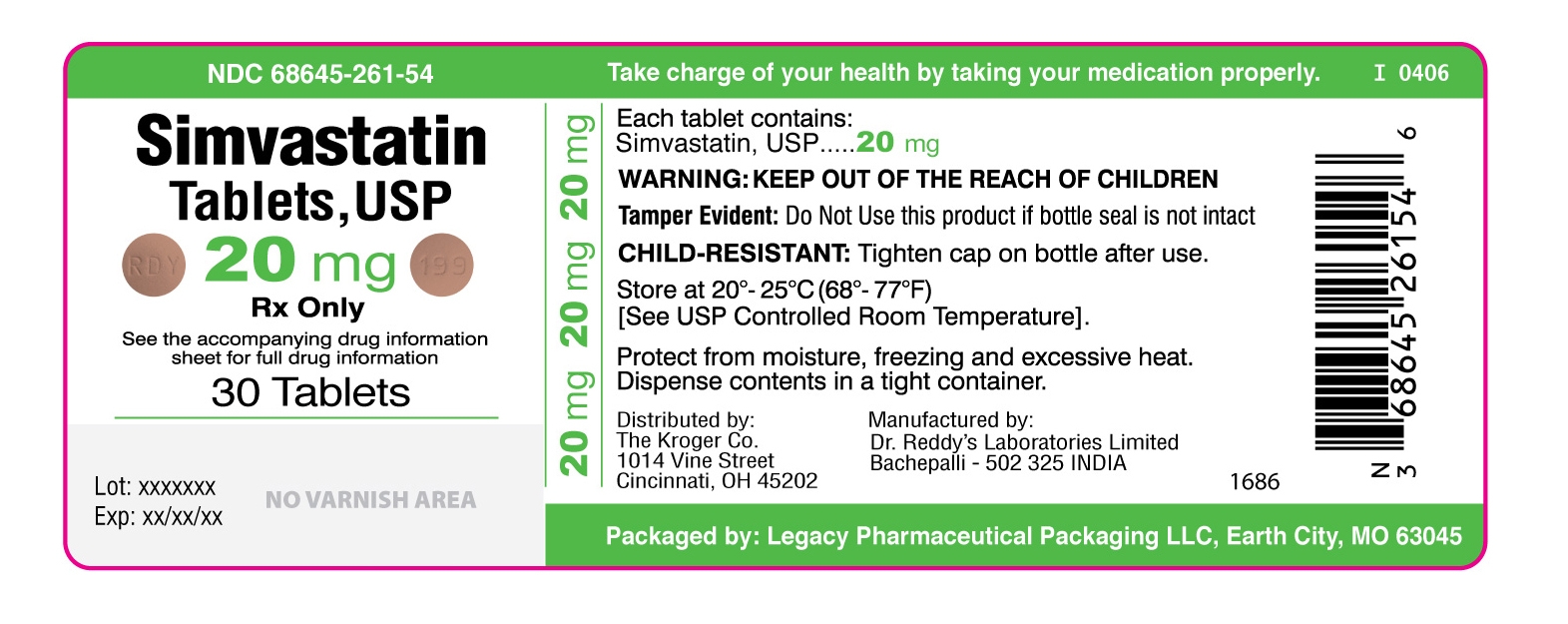 NDC: <a href=/NDC/68645-261-54>68645-261-54</a> Simvastatin Tablets, USP 20mg Rx Only 30 Tablets