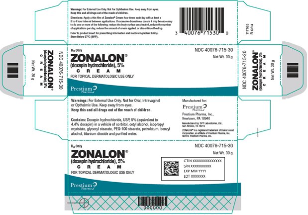 Rx only NDC: <a href=/NDC/40076-715-30>40076-715-30</a> ZONALON® (doxepin hydrochloride), 5% CREAM FOR TOPICAL DERMATOLOGIC USE ONLY Net Wt. 30 g