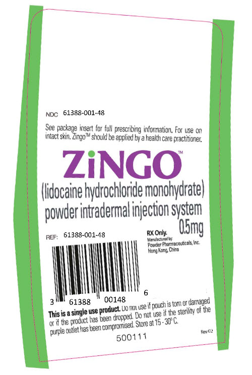 NDC: <a href=/NDC/61388-001-48>61388-001-48</a> Zingo ™ (lidocaine hydrochloride monohydrate) powder intradermal injection system 0.5mg RX only. Manufactured by: Powder Pharmaceuticals, Inc. Hong Kong, China