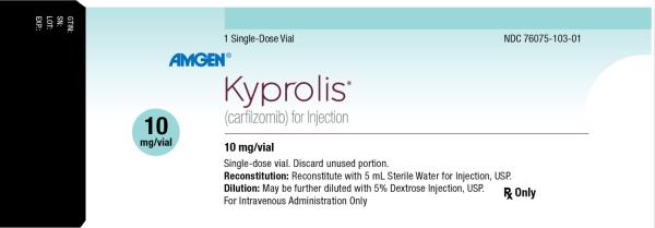 PRINCIPAL DISPLAY PANEL
1 Single-Dose Vial
NDC: <a href=/NDC/76075-103-01>76075-103-01</a>
AMGEN®
Kyprolis®
(carfilzomib) for Injection
10 mg/vial
10 mg/vial
Single-dose vial
Discard unused portion.
Reconstitution: Reconstitute with 5 mL Sterile Water for Injection, USP.
Dilution: May be further diluted with 5% Dextrose Injection, USP.
For Intravenous Administration Only
Rx Only
