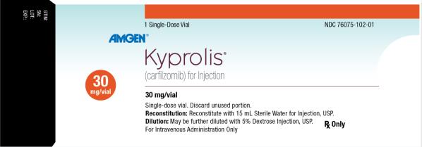 PRINCIPAL DISPLAY PANEL
1 Single-Dose Vial
NDC: <a href=/NDC/76075-102-01>76075-102-01</a>
AMGEN®
Kyprolis®
(carfilzomib) for Injection
30 mg/vial
30 mg/vial
Single-dose vial.
Discard unused portion.
Reconstitution: Reconstitute with 15 mL Sterile Water for Injection, USP.
Dilution: May be further diluted with 5% Dextrose Injection, USP.
For Intravenous Administration Only
Rx Only
