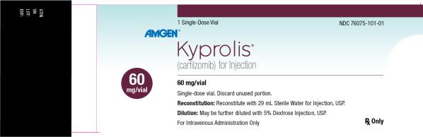 PRINCIPAL DISPLAY PANEL
1 Single-Use Vial
NDC: <a href=/NDC/76075-101-01>76075-101-01</a>
AMGEN®
Kyprolis®
(carfilzomib) for Injection
60 mg/vial
60 mg/vial
Single-use vial.
Discard unused portion.
Reconstitution: Reconstitute with 29 mL Sterile Water for Injection, USP.
Dilution: May be further diluted with 5% Dextrose Injection, USP.
For Intravenous Administration Only
Rx Only
