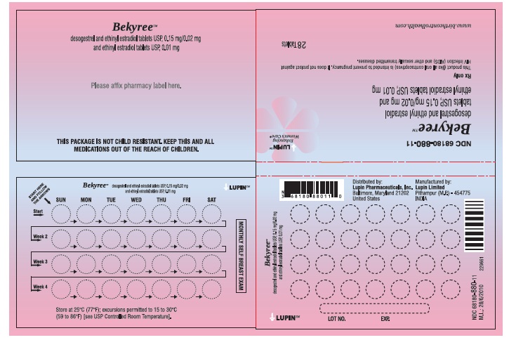 Bekyree
(desogestrel and ethinyl estradiol tablets USP (0.15 mg/0.02 mg) and ethinyl estradiol tablets (0.01 mg)]
NDC: <a href=/NDC/68180-880-11>68180-880-11</a>
																											Wallet Label: 28 Tablets