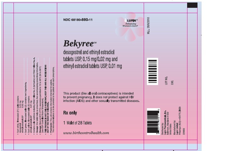 Bekyree
(desogestrel and ethinyl estradiol tablets USP (0.15 mg/0.02 mg) and ethinyl estradiol tablets (0.01 mg)]
NDC: <a href=/NDC/68180-880-11>68180-880-11</a>
																											Pouch Label: 1 Wallet of 28 Tablets