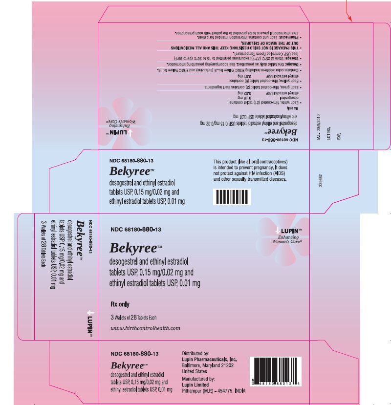 Bekyree
(desogestrel and ethinyl estradiol tablets USP (0.15 mg/0.02 mg) and ethinyl estradiol tablets (0.01 mg)]
NDC: <a href=/NDC/68180-880-13>68180-880-13</a>
																											Carton Label: 3 Wallets of 28 Tablets each