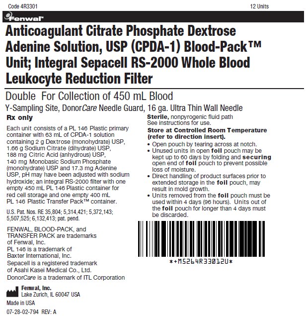 Anticoagulant Citrate Phosphate Dextrose Adenine Solution, USP (CPDA-1) Blood-Pack™ Unit; Integral Sepacell RS-2000 Whole Blood Leukocyte Reduction Filter label