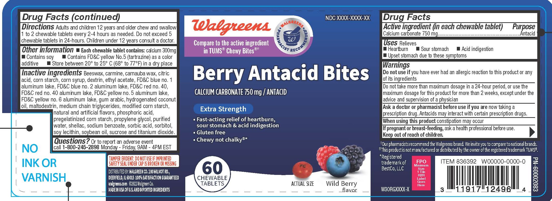 WALGREENS WILD BERRY ANTACID CHEWS calcium carbonate tablet, chewable