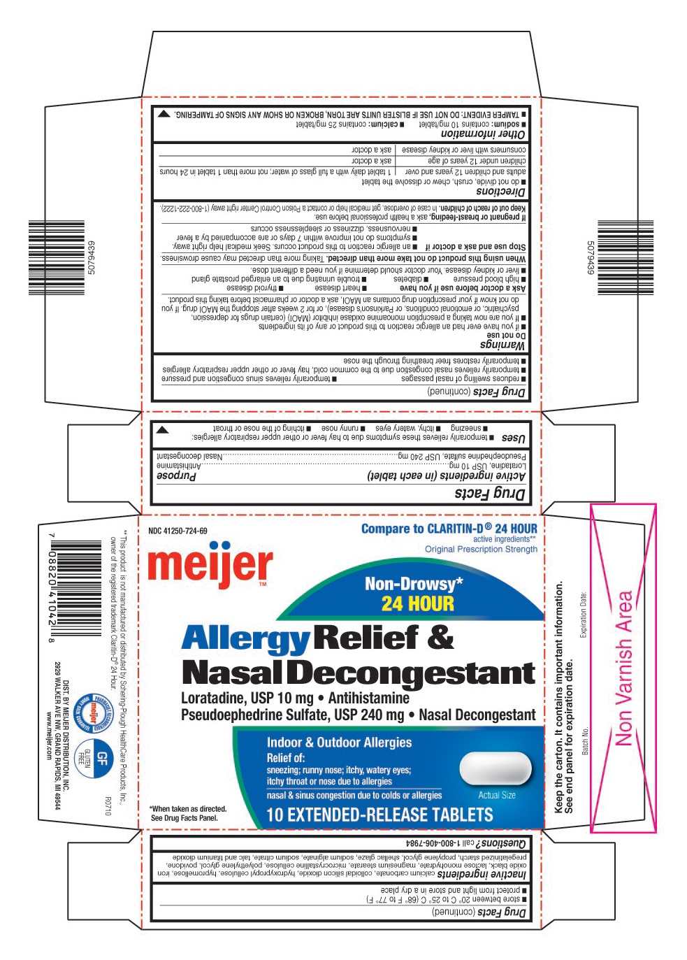 This is the 10 count blister carton label for Meijer Loratadine D tablets.