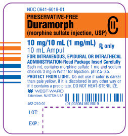 NDC: <a href=/NDC/0641-6019-01>0641-6019-01</a> PRESERVATIVE-FREE Duramorph (morphine sulfate injection, USP) CII 10 mg/10 mL (1 mg/mL) 10 mL Ampul Rx only FOR INTRAVENOUS, EPIDURAL OR INTRATHECAL ADMINISTRATION-Read Package Insert Carefully Each mL contains morphine sulfate 1 mg and sodium chloride 9 mg in Water for Injection. pH 2.5-6.5. PROTECT FROM LIGHT. Do not use if color is darker than pale yellow, if it is discolored in any other way or if it contains a precipitate. DO NOT HEAT-STERILIZE.