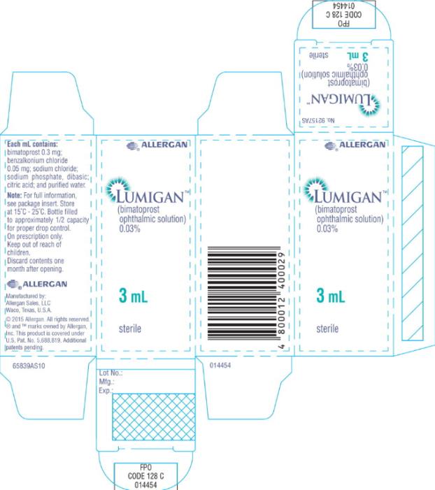 ALLERGAN™
Rx 
BIMATOPROST
OPHTHALMIC
SOLUTION 0.03% 
LUMIGAN™
3 mL
sterile 
FOR EXTERNAL USE ONLY 
