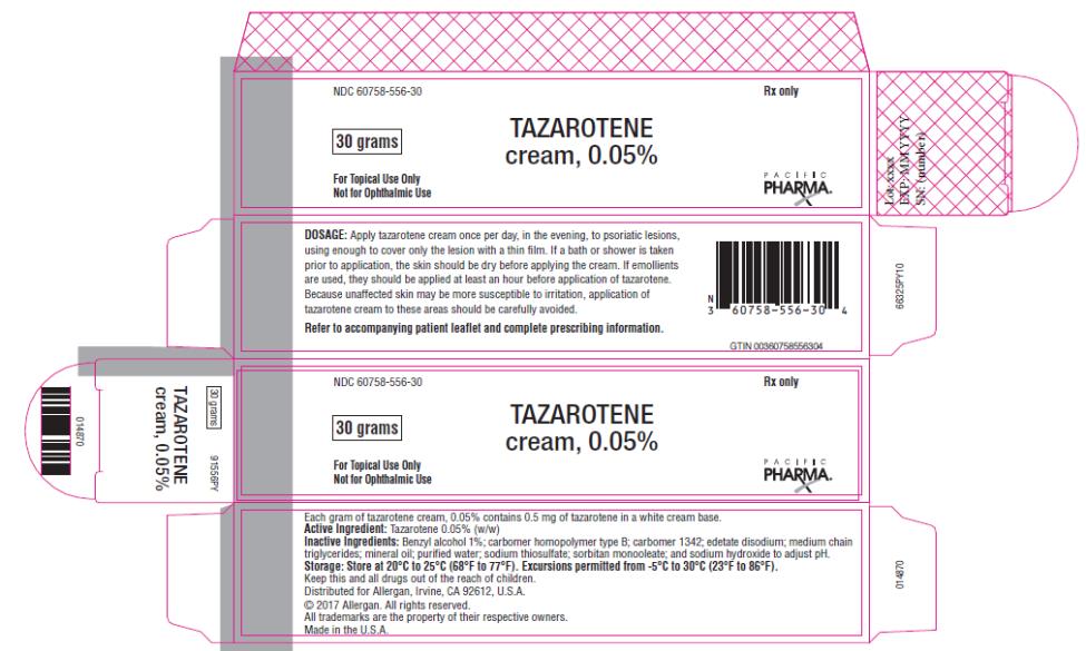 
PRINCIPAL DISPLAY PANEL
NDC: <a href=/NDC/60758-556-30>60758-556-30</a>
TAZAROTENE
cream, 0.05%
30 grams
For topical Use Only
Not for Ophthalmic Use
Rx Only
