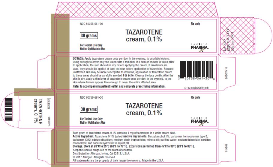PRINCIPAL DISPLAY PANEL
NDC: <a href=/NDC/60758-561-30>60758-561-30</a>
TAZAROTENE
cream, 0.1%
30 grams
For topical Use Only
Not for Ophthalmic Use
Rx Only
