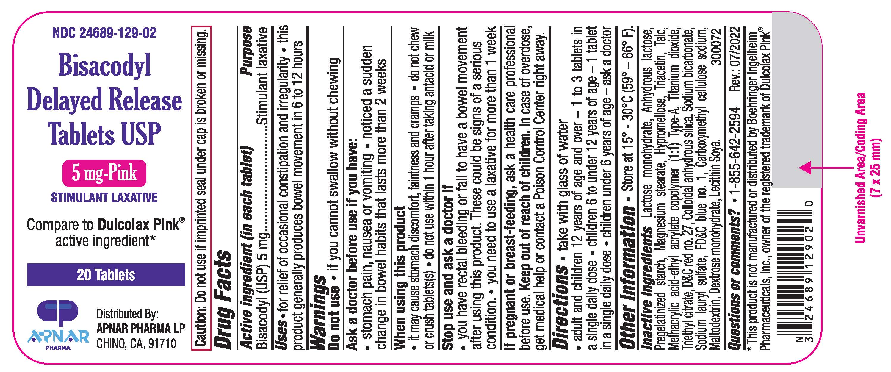 NDC: <a href=/NDC/24689-129-02>24689-129-02</a>  Bisacodyl Delayed Release Tablets USP   5 mg- Pink  20 Tablets  300072