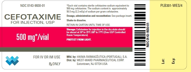 NDC: <a href=/NDC/0143-9930-01>0143-9930-01</a> CEFOTAXIME FOR INJECTION, USP 500 mg*/vial FOR IV OR IM USE Rx ONLY *Each vial contains sterile cefotaxime sodium equivalent to 500 mg cefotaxime. The sodium content is approximately 50.5 mg (2.2 mEq) of sodium per gram cefotaxime. Dosage, administration and reconstitution: See package insert. Shake to dissolve. RETAIN IN CARTON UNTIL TIME OF USE. Storage: Cefotaxime for injection in the dry state should be stored at 20º to 25ºC (68º to 77ºF) [See USP Controlled Room Temperature]. PROTECT FROM LIGHT.