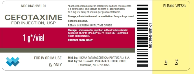 NDC: <a href=/NDC/0143-9931-01>0143-9931-01</a> CEFOTAXIME FOR INJECTION, USP 1 g*/vial FOR IV OR IM USE Rx ONLY *Each vial contains sterile cefotaxime sodium equivalent to 1 g cefotaxime. The sodium content is approximately 50.5 mg (2.2 mEq) of sodium per gram cefotaxime. Dosage, administration and reconstitution: See package insert. Shake to dissolve. RETAIN IN CARTON UNTIL TIME OF USE. Storage: Cefotaxime for injection in the dry state should be stored at 20º to 25ºC (68º to 77ºF) [See USP Controlled Room Temperature]. PROTECT FROM LIGHT.
