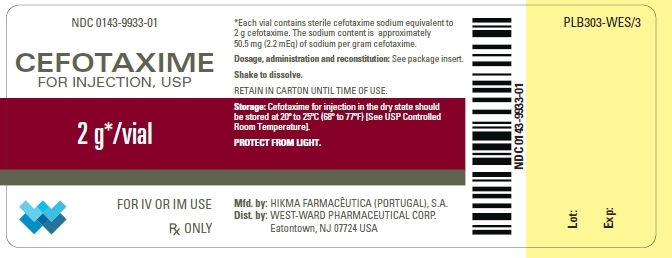 NDC: <a href=/NDC/0143-9933-01>0143-9933-01</a> CEFOTAXIME FOR INJECTION, USP 2 g*/vial FOR IV OR IM USE Rx ONLY *Each vial contains sterile cefotaxime sodium equivalent to 2 g cefotaxime. The sodium content is approximately 50.5 mg (2.2 mEq) of sodium per gram cefotaxime. Dosage, administration and reconstitution: See package insert. Shake to dissolve. RETAIN IN CARTON UNTIL TIME OF USE. Storage: Cefotaxime for injection in the dry state should be stored at 20º to 25ºC (68º to 77ºF) [See USP Controlled Room Temperature]. PROTECT FROM LIGHT.
