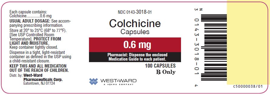 NDC: <a href=/NDC/0143-3018-01>0143-3018-01</a> Colchicine Capsules 0.6 mg 100 Capsules Rx Only