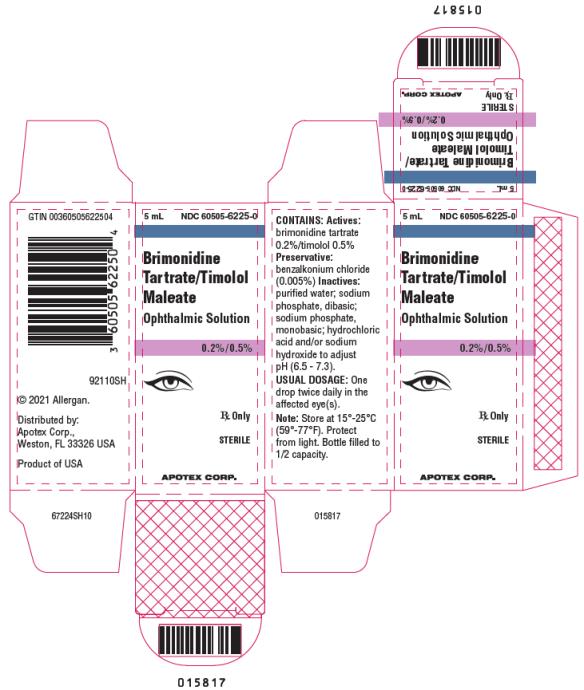 5 mL   NDC: <a href=/NDC/60505-6225-0>60505-6225-0</a>
Brimonidine
Tartrate/Timolol
Maleate
Ophthalmic Solution
0.2%/0.5%
Rx Only
STERILE
APOTEX CORP.

