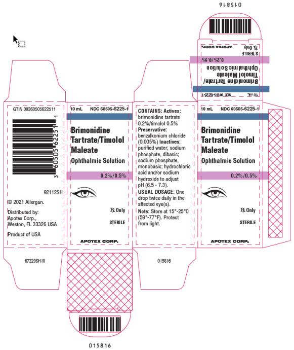 10 mL   NDC: <a href=/NDC/60505-6225-1>60505-6225-1</a>
Brimonidine
Tartrate/Timolol
Maleate
Ophthalmic Solution
0.2%/0.5%
Rx Only
STERILE
APOTEX CORP.
