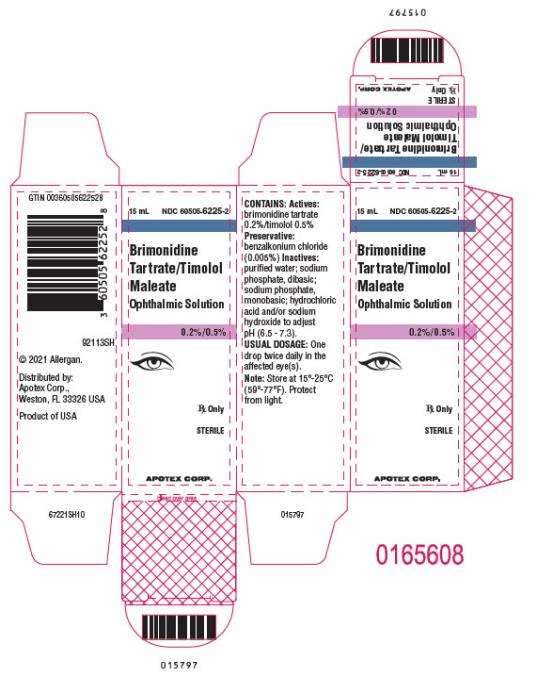 15 mL   NDC: <a href=/NDC/60505-6225-2>60505-6225-2</a>
Brimonidine
Tartrate/Timolol
Maleate
Ophthalmic Solution
0.2%/0.5%
Rx Only
STERILE
APOTEX CORP.
