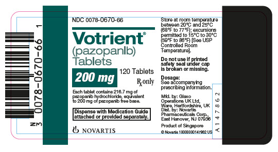 PRINCIPAL DISPLAY PANEL
NDC: <a href=/NDC/0078-0670-66>0078-0670-66</a>
Votrient
(pazopanlb)
Tablets
200 mg
120 Tablets
Rx Only
