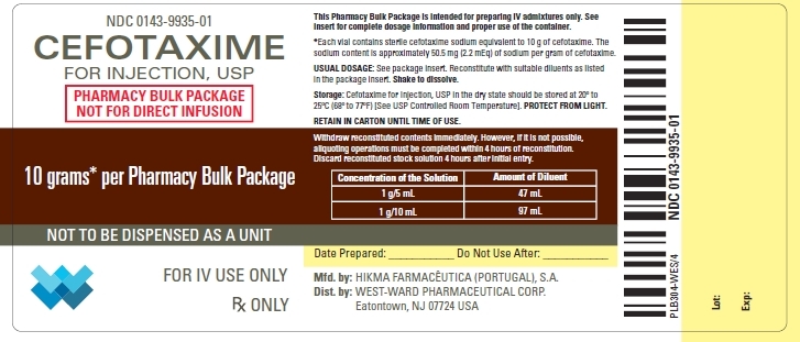 NDC: <a href=/NDC/0143-9935-01>0143-9935-01</a> CEFOTAXIME FOR INJECTION, USP PHARMACY BULK PACKAGE NOT FOR DIRECT INFUSION 10 grams* per Pharmacy Bulk Package NOT TO BE DISPENSED AS A UNIT FOR IV USE ONLY Rx ONLY This Pharmacy Bulk Package is intended for preparing IV admixtures only. See insert for complete dosage information and proper use of the container.