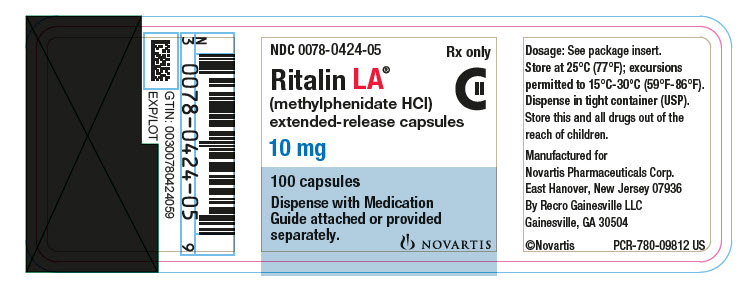 PRINCIPAL DISPLAY PANEL
									NDC: <a href=/NDC/0078-0424-05>0078-0424-05</a>
									Rx only
									Ritalin LA®
									(methylphenidate HCl)
									extended-release capsules
									10 mg
									100 tablets
									Dispense with Medication Guide attached or provided separately.
									NOVARTIS