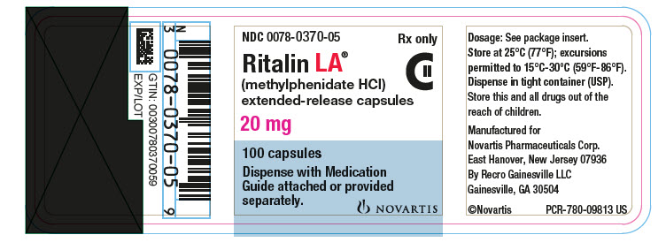 PRINCIPAL DISPLAY PANEL
									NDC: <a href=/NDC/0078-0370-05>0078-0370-05</a>
									Rx only
									Ritalin LA®
									(methylphenidate HCl)
									extended-release capsules
									20 mg
									100 tablets
									Dispense with Medication Guide attached or provided separately.
									NOVARTIS