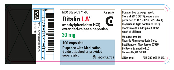 PRINCIPAL DISPLAY PANEL
									NDC: <a href=/NDC/0078-0371-05>0078-0371-05</a>
									Rx only
									Ritalin LA®
									(methylphenidate HCl)
									extended-release capsules
									30 mg
									100 tablets
									Dispense with Medication Guide attached or provided separately.
									NOVARTIS