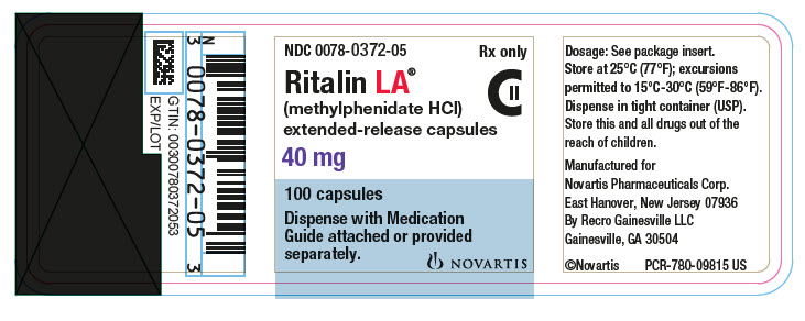 PRINCIPAL DISPLAY PANEL
									NDC: <a href=/NDC/0078-0372-05>0078-0372-05</a>
									Rx only
									Ritalin LA®
									(methylphenidate HCl)
									extended-release capsules
									40 mg
									100 tablets
									Dispense with Medication Guide attached or provided separately.
									NOVARTIS