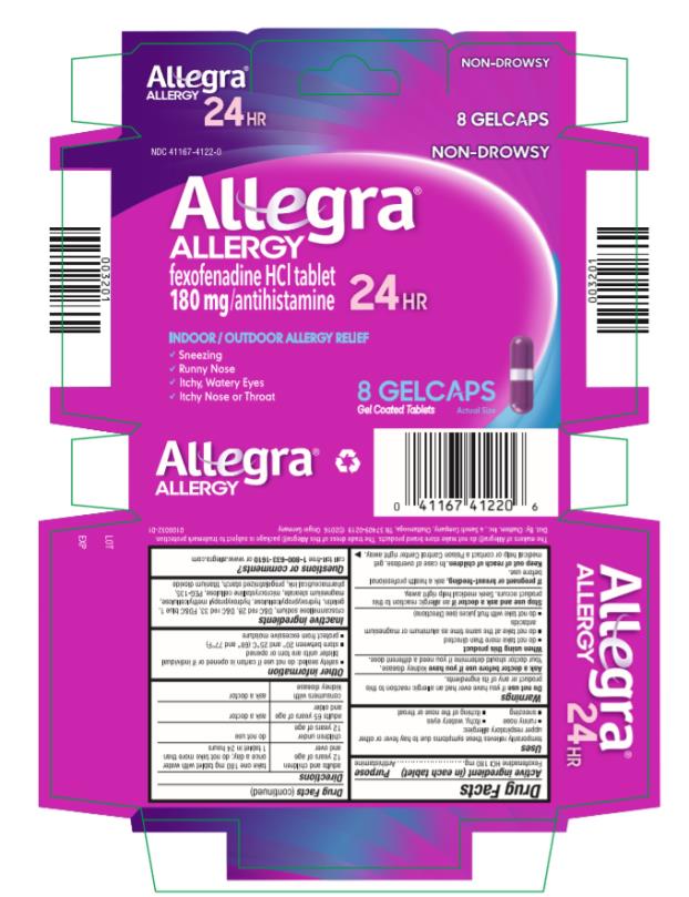 NDC: <a href=/NDC/41167-4122-0>41167-4122-0</a>
Allegra® Allergy
Fexofenadine HCI tablets
180 mg/antihistamine
24 HR
8 Gelcaps 
