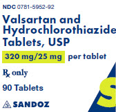 Package Label – 320 mg/25 mg Rx Only NDC: <a href=/NDC/0781-5952-92>0781-5952-92</a> Valsartan and Hydrochlorothiazide Tablets, USP 320 mg/25 mg per tablet 90 tablets