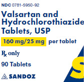 Package Label – 160 mg/25 mg Rx Only NDC: <a href=/NDC/0781-5950-92>0781-5950-92</a> Valsartan and Hydrochlorothiazide Tablets, USP 160 mg/25 mg per tablet 90 tablets