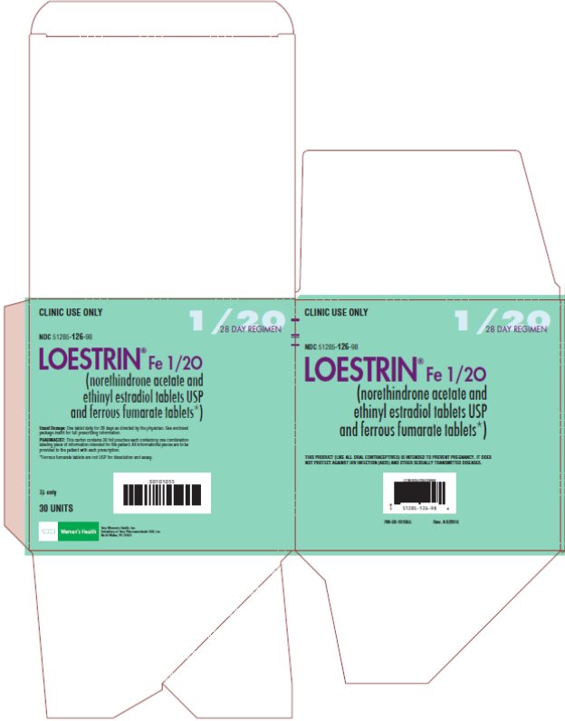 Clinic Use Only, Loestrin® Fe 1/20 (norethindrone acetate and ethinyl estradiol tablets USP and ferrous fumarate tablets*) 28 Day Regimen, 30 Blister Cards, 28 Tablets Each, Carton, Part 1 of 2
