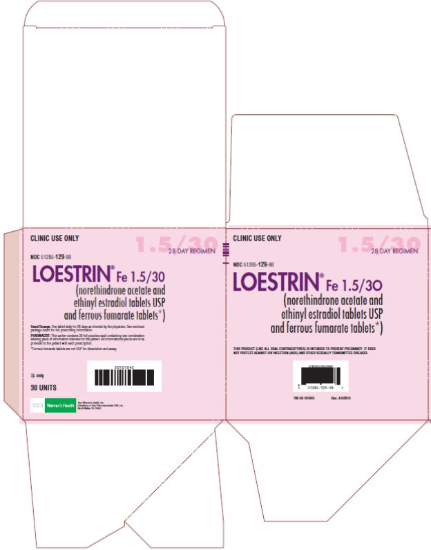 Clinic Use Only, Loestrin® Fe 1.5/30 (norethindrone acetate and ethinyl estradiol tablets USP and ferrous fumarate tablets*) 28 Day Regimen, 30 Blister Cards, 28 Tablets Each, Carton, Part 1 of 2