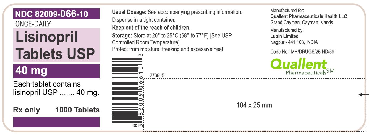 LISINOPRIL TABLETS USP

Rx Only

40 mg

NDC: <a href=/NDC/82009-066-10>82009-066-10</a>

1000 Tablets