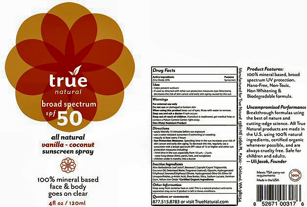 True Natural SPF50 Spray Label