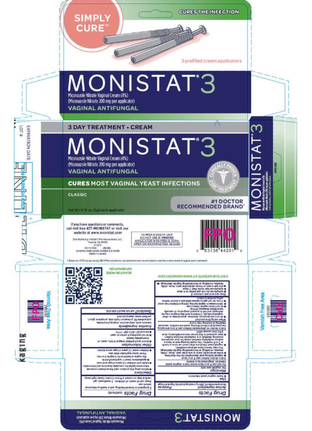 3 DAY TREATMENT  CREAM
MONISTAT® 3
Miconazole Nitrate Vaginal Cream (4%)
(Miconazole Nitrate 200 mg per applicator)
VAGINAL ANTIFUNGAL
Net Wt. 0.18 oz. (5g) each applicator
