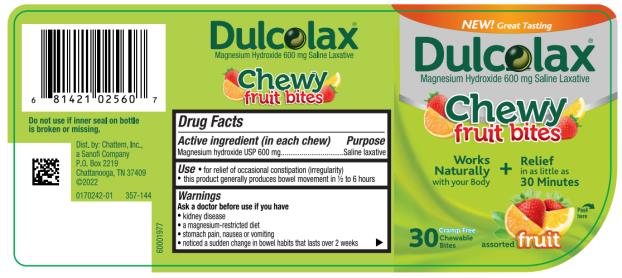 Dulcolax
Magnesium Hydroxide 600 mg Saline Laxative
Chewy fruit bites
assorted fruit
30 CHEWABLE BITES

