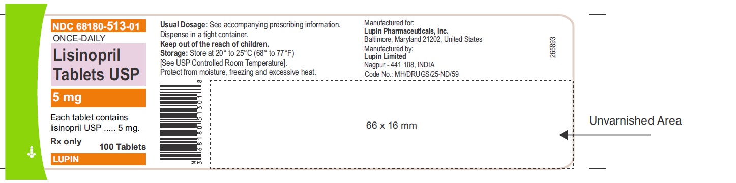 LISINOPRIL TABLETS USP
Rx Only
5 mg
NDC: <a href=/NDC/68180-513-01>68180-513-01</a>
100 Tablets