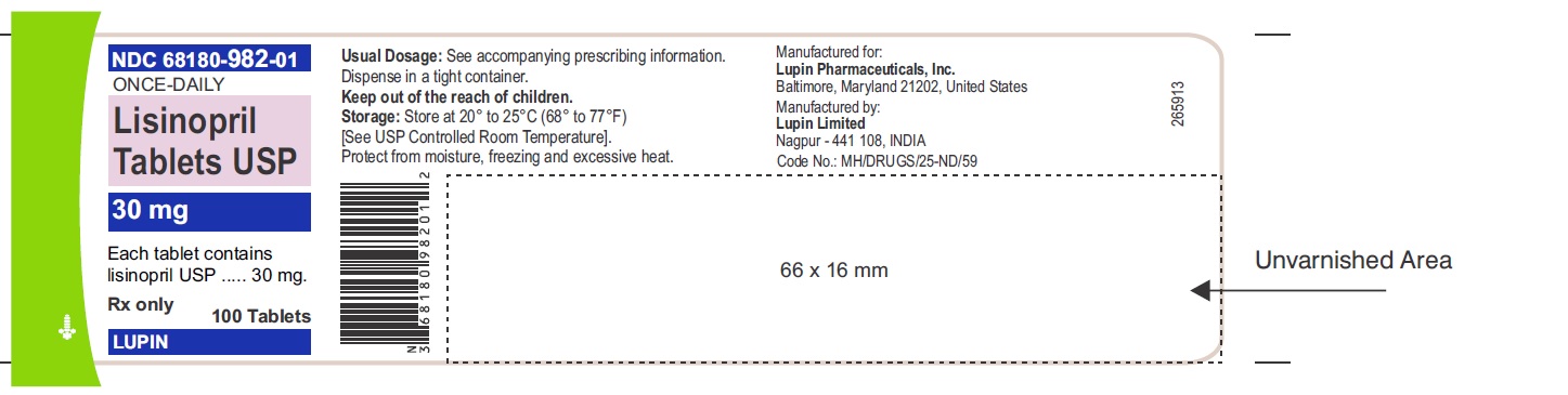 LISINOPRIL TABLETS USP
Lisinopril Tablets USP Page 20 of 29
file://mumfilesrv001/SPL_V7$/Final/SPL-Submission/2255/b1888bc5-5e29-4d4d-9ac2-682... 23/09/14
Rx Only
30 mg
NDC: <a href=/NDC/68180-516-01>68180-516-01</a>
100 Tabl