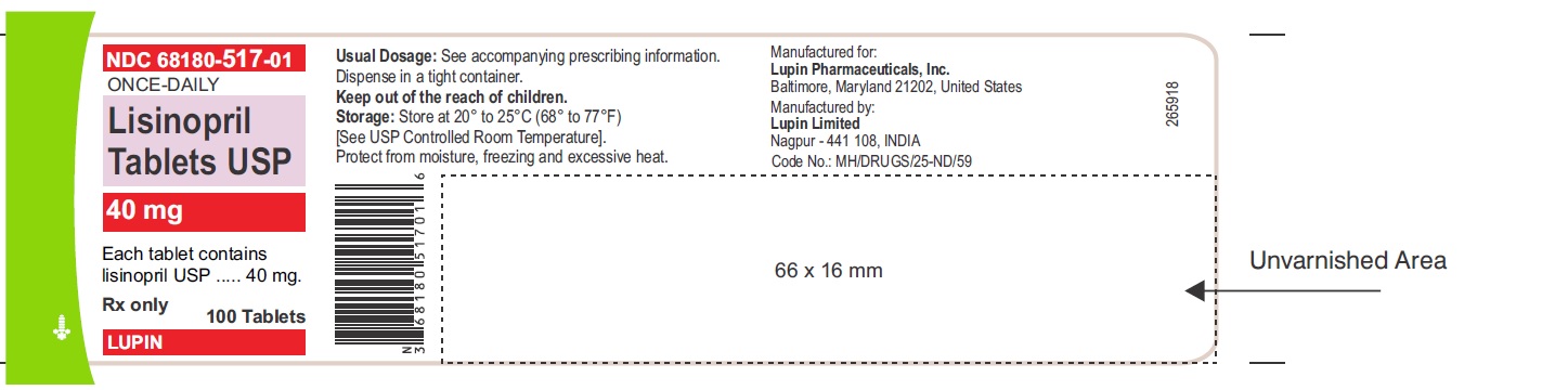LISINOPRIL TABLETS USP
Rx Only
40 mg
NDC: <a href=/NDC/68180-517-01>68180-517-01</a>
100 Tablets