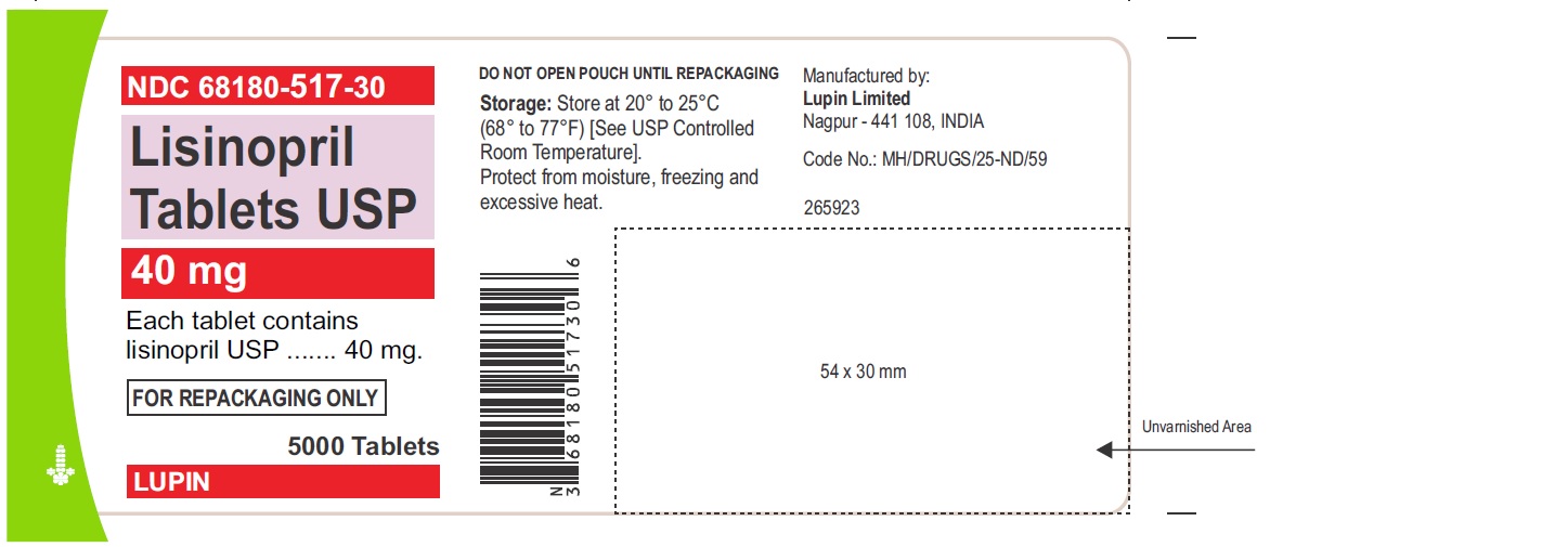 LISINOPRIL TABLETS USP
40 mg
NDC: <a href=/NDC/68180-517-30>68180-517-30</a>
5000 Tablets Bulk Pouch for Repackaging