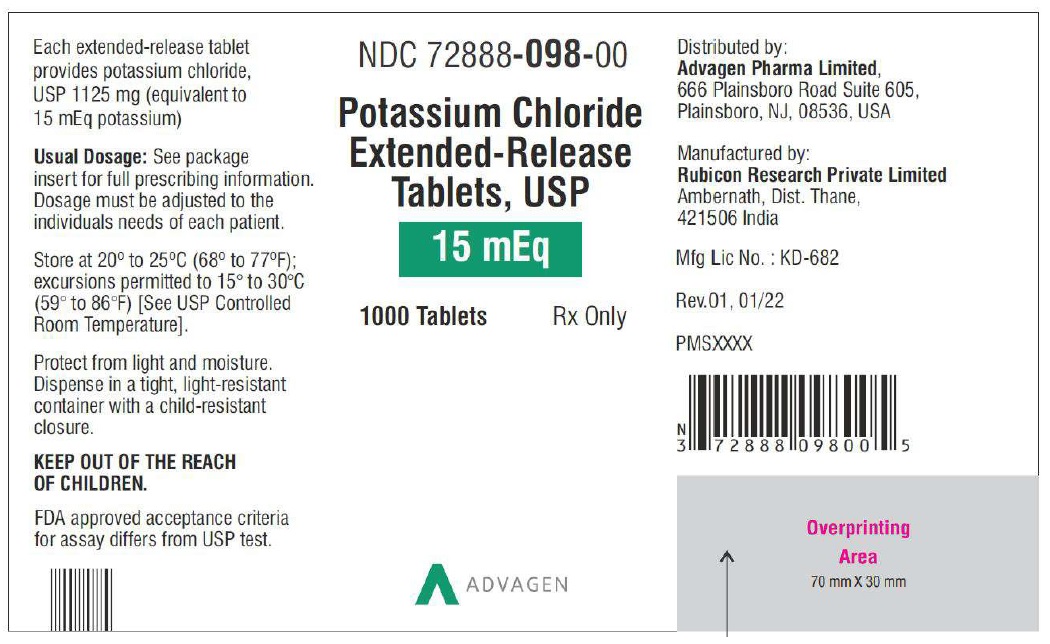 Potassium Chloride Extended-Release Tablets USP, 15mEq - NDC: <a href=/NDC/72888-098-00>72888-098-00</a> - 1000 Tablets 