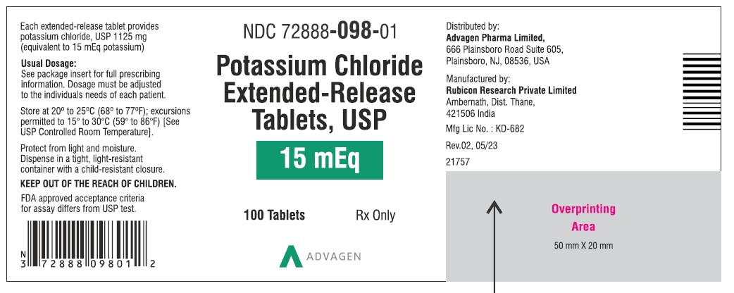 Potassium Chloride Extended-Release Tablets USP, 15mEq - NDC: <a href=/NDC/72888-098-01>72888-098-01</a> - 100 Tablets